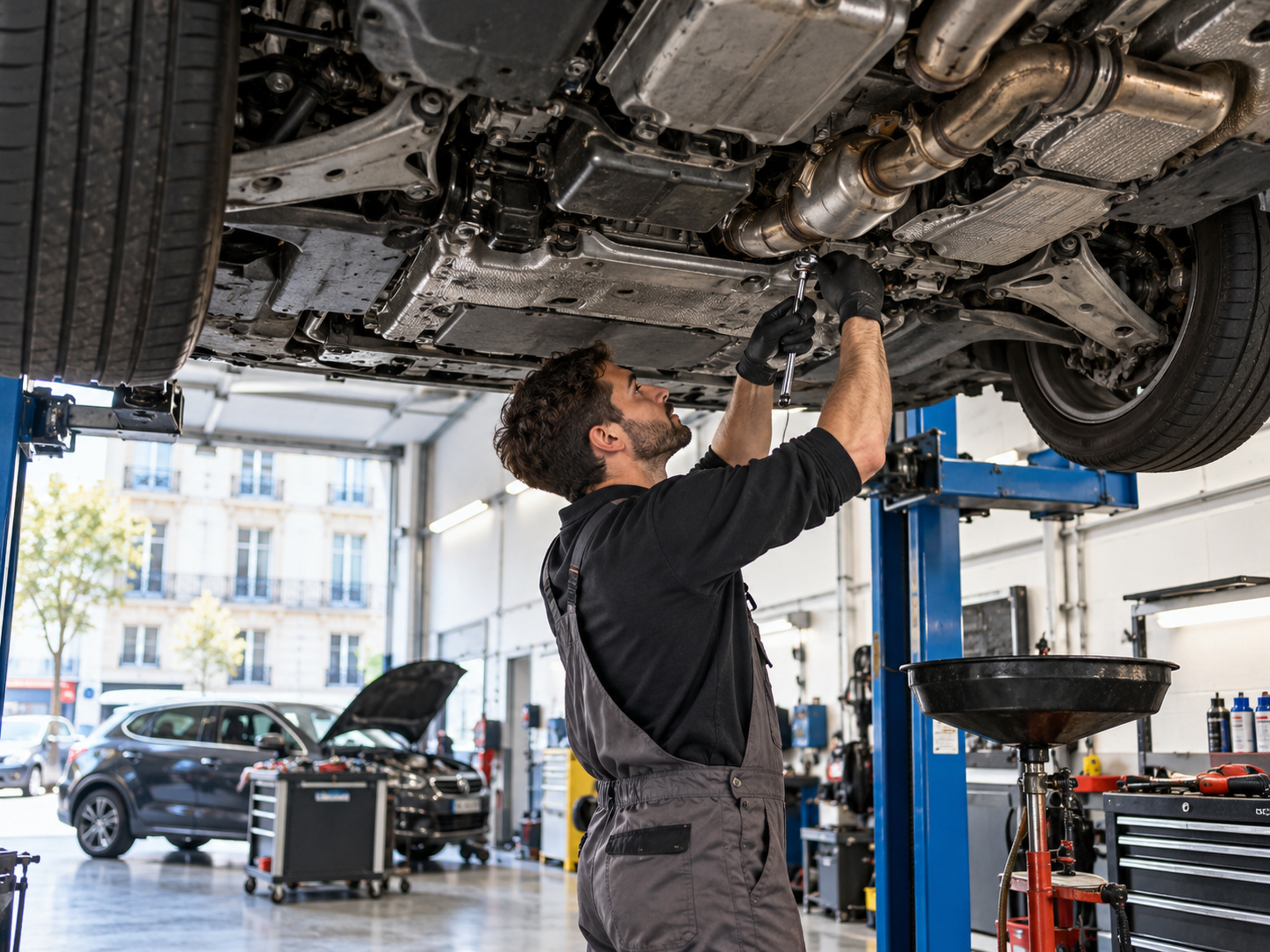 mécanicien sous une voiture levée sur pont, atelier parisien éclairé