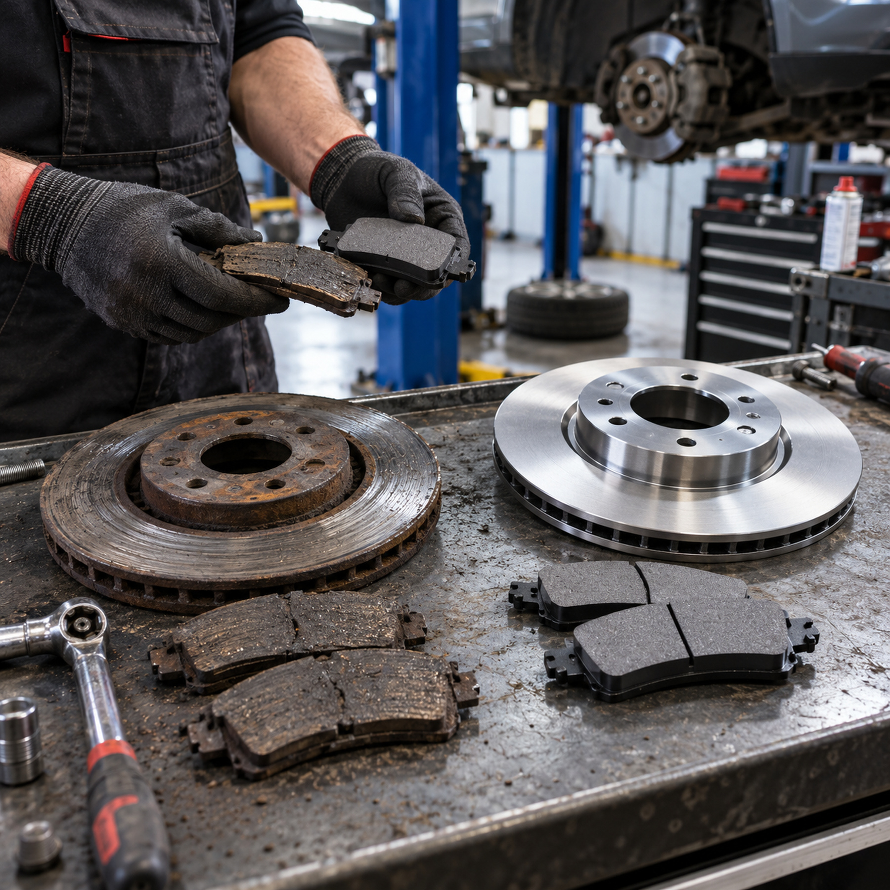 disques et plaquettes de frein usés posés sur un établi, à côté des pièces neuves